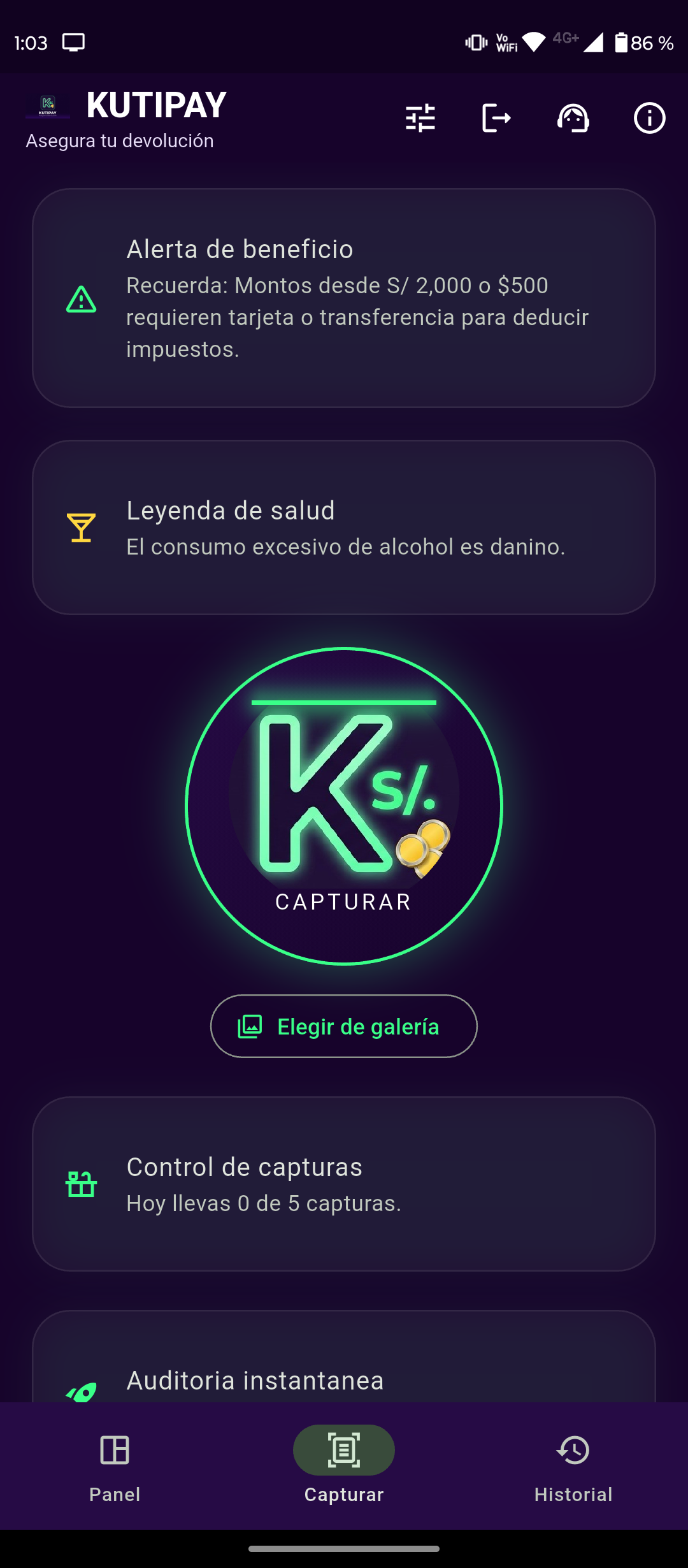 Pantalla real de captura de comprobantes en KutiPay