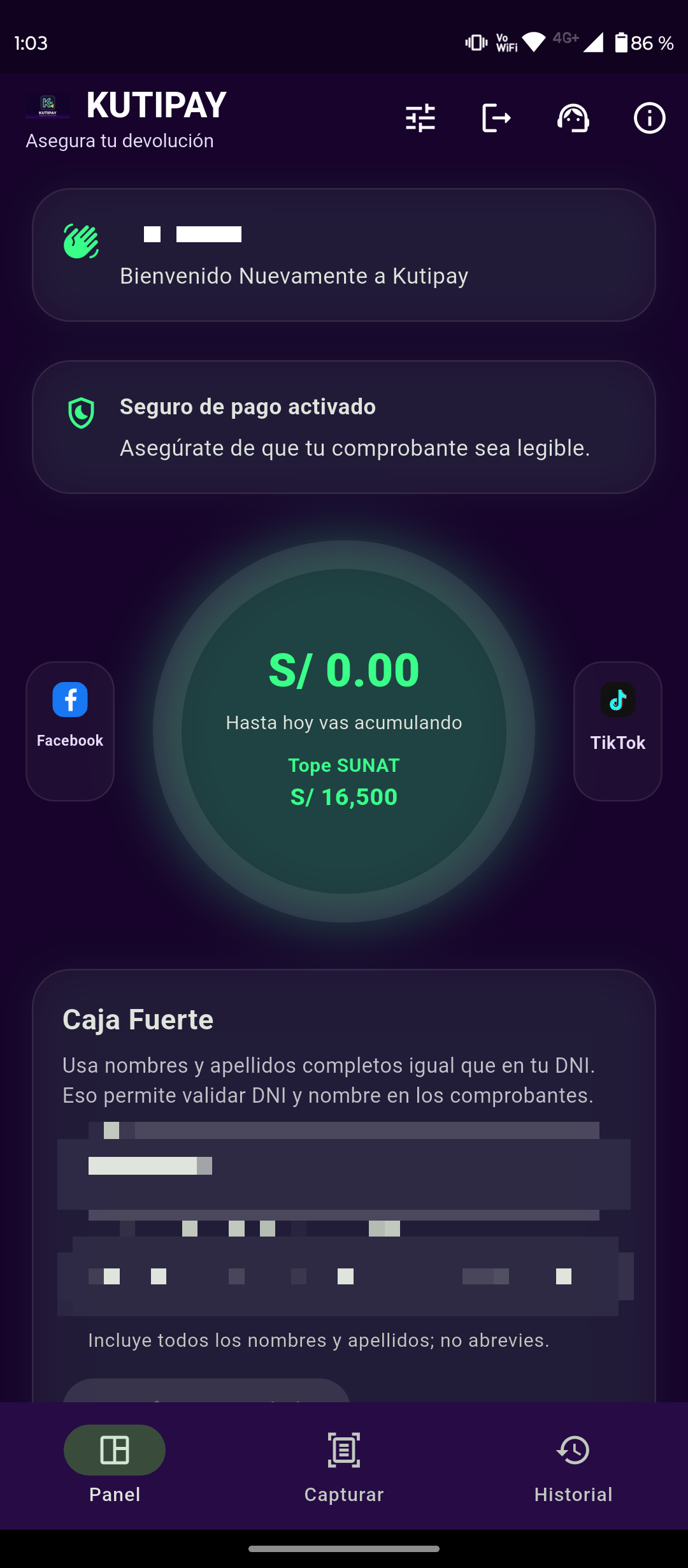 Panel real de KutiPay con los datos personales anonimizados